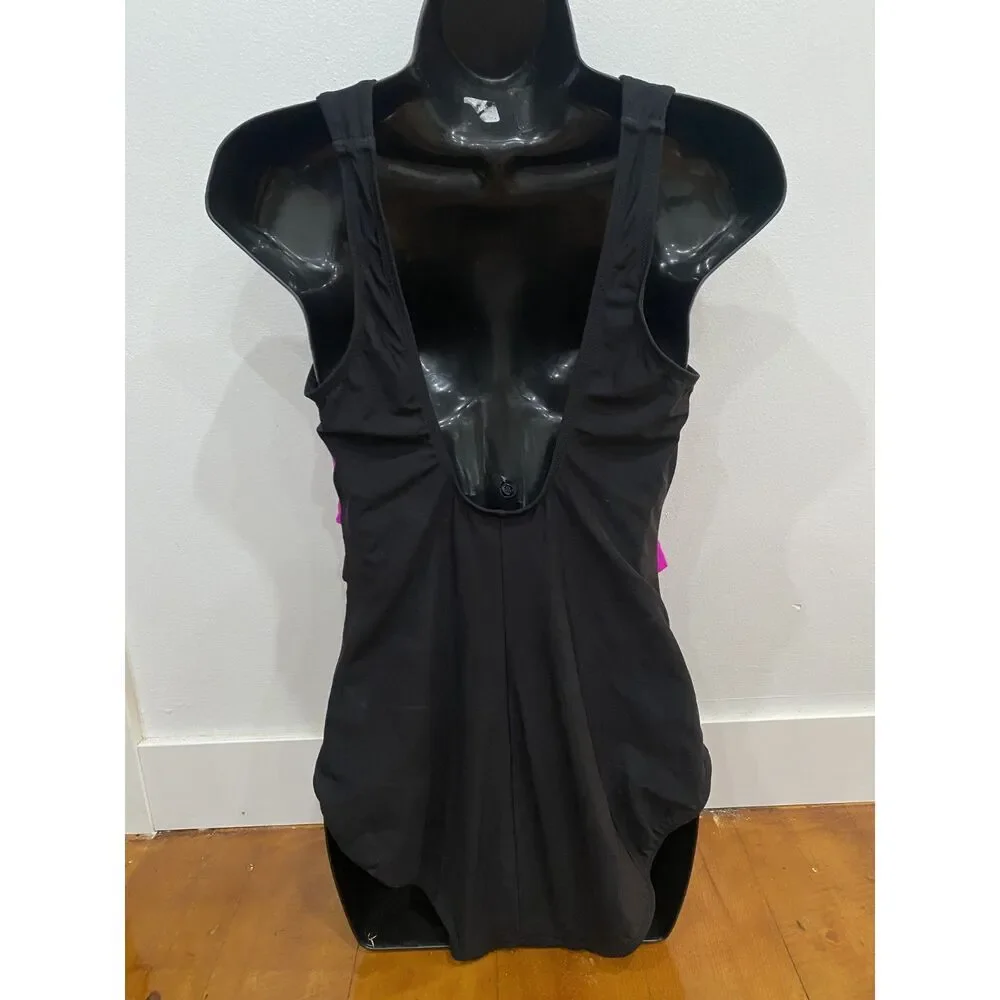Longitude Womens Size 14 Black Pink One-Piece Swimsuit Stripes Tummy Control